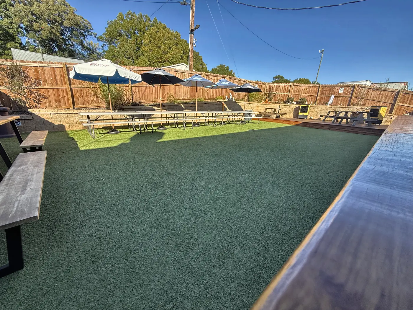 Wide view of the turf with umbrella tables along the back wall